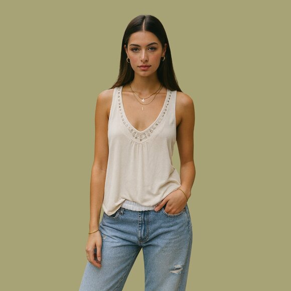 White House Black Market Embellished V-Neck Tank Top | Beige | Size M - Picture 1 of 7